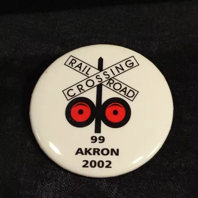 Railroad Crossing Hat Lapel Button 1 3/8” Akron 99 White Black & Red 2002 Pin Bk