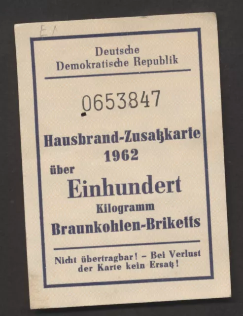 DDR Ersatzzahlungsmittel Kohleschein Hausbrand Zusatzkarte 100 Kg 1962