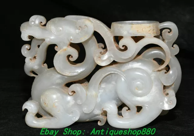 5.5''Old Dynasty Nephrite Hetian Jade Carving Lucky Dragon Loong Beast Statue