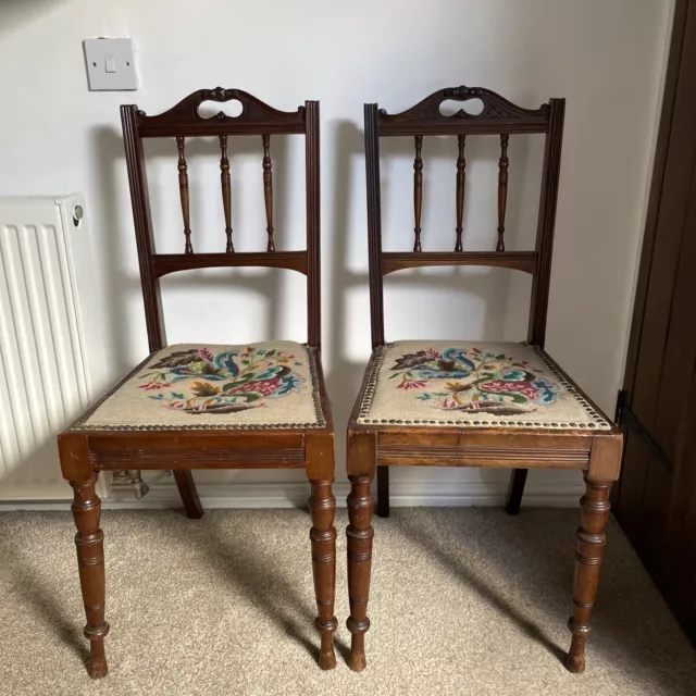 Pair of Vintage Carved Oak Dining Chairs with Tapestry Seats