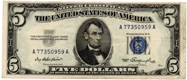 Fr 1655 - 1953 $5 Silver Certificate - Blue Seal - Vf - Free Shipping!