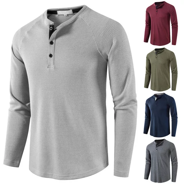 Men's Long Sleeve Waffle Knit Thermal T-shirt 3 Button Crew Neck Undershirt Tee