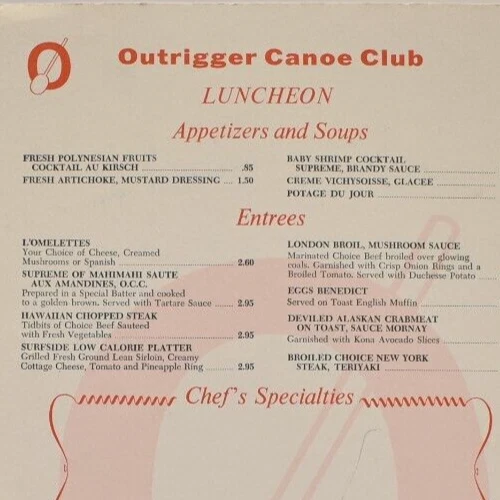 VINTAGE 1960S OUTRIGGER Canoe Club Hotel Restaurant Menu Honolulu