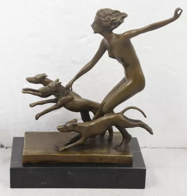 Art Deco Bronze Diana the Huntress with Dogs - Signed Lorenzl - Marble Base