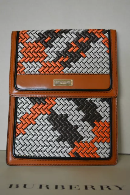 NWT BURBERRY $595 RAFFIA CHECK LEATHER TRIM TABLET iPAD SLEEVE COVER CASE ITALY
