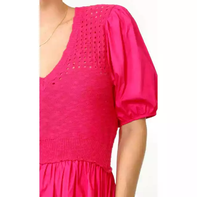 Greylin Barkley Crochet Knit Mix Poplin Dress in Hot Pink XS 2