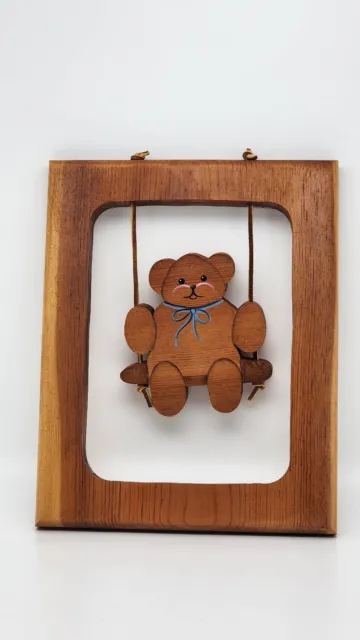 VTG Wood Framed Handpainted  Swinging Teddy Bear Nursery Wall Decor