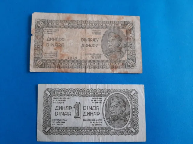 1 x 1+10 Dinara Jugoslawien / Geldschein Banknote von 1943/44