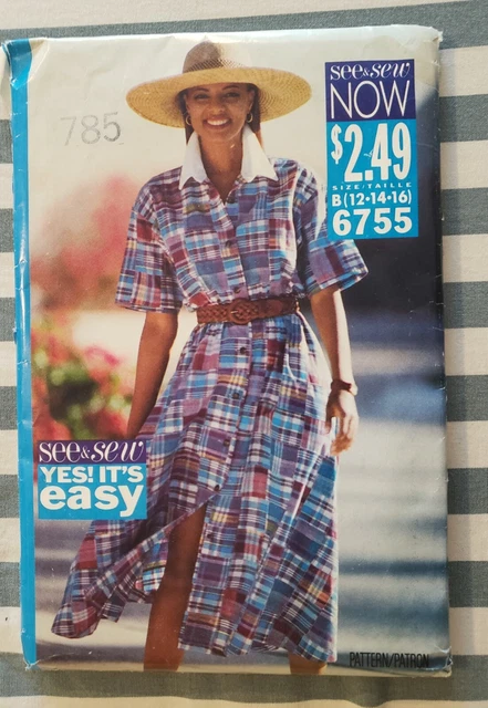 1993 Vintage Butterick See&Sew Sewing Pattern 6755 Misses Shirt Dress 12 14 16