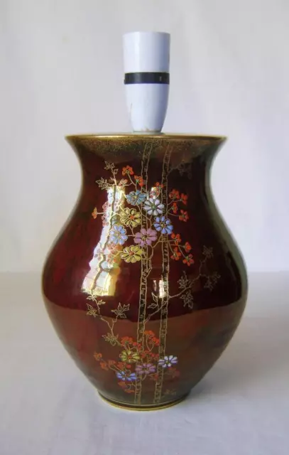 Fieldings Crown Devon Table Lamp Base  Burgundy Glazed with Enamelled Flowers