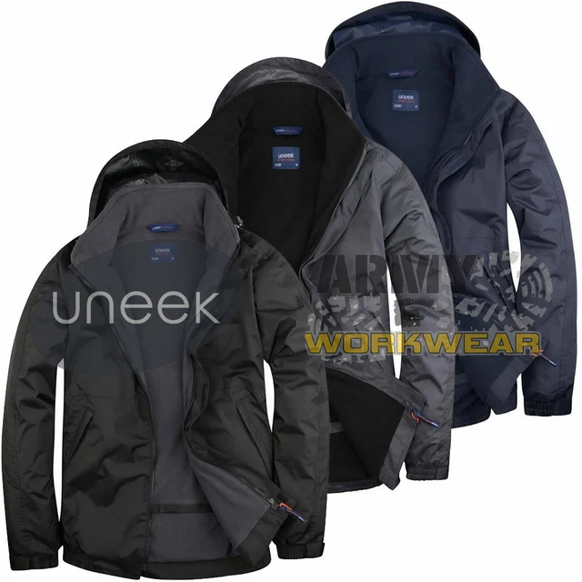 Uneek Mens Premium Outdoor Waterproof Windproof Coat Fleece Lined Jacket Hood