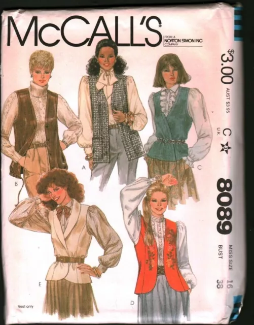 8089 Vintage McCalls SEWING Pattern Misses 1980s Unlined Vest Tie Belt Waistcoat