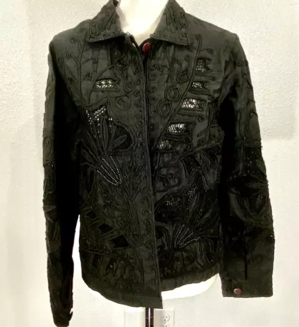 Vintage Sandy Starkman Black Silk Embroidered & Beaded  with Lace Jacket SZ M