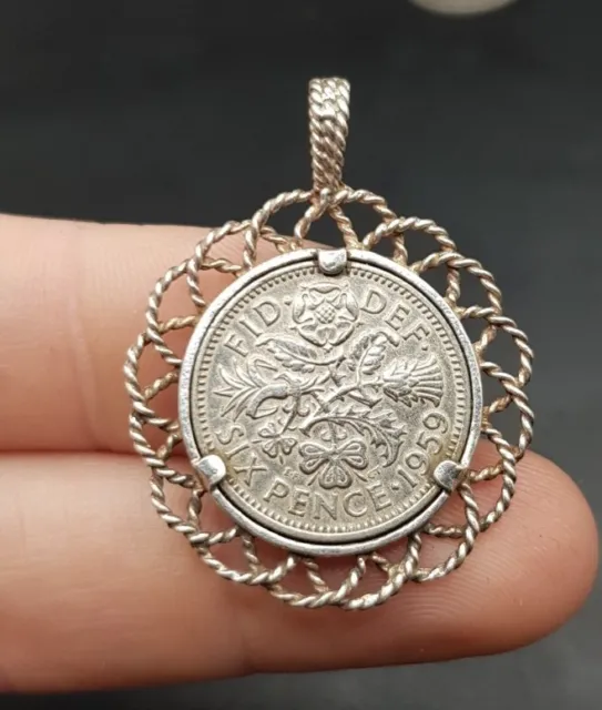 Vintage English Silver Pendant w/ 1959 Sixpence Coin. Good Old British Money