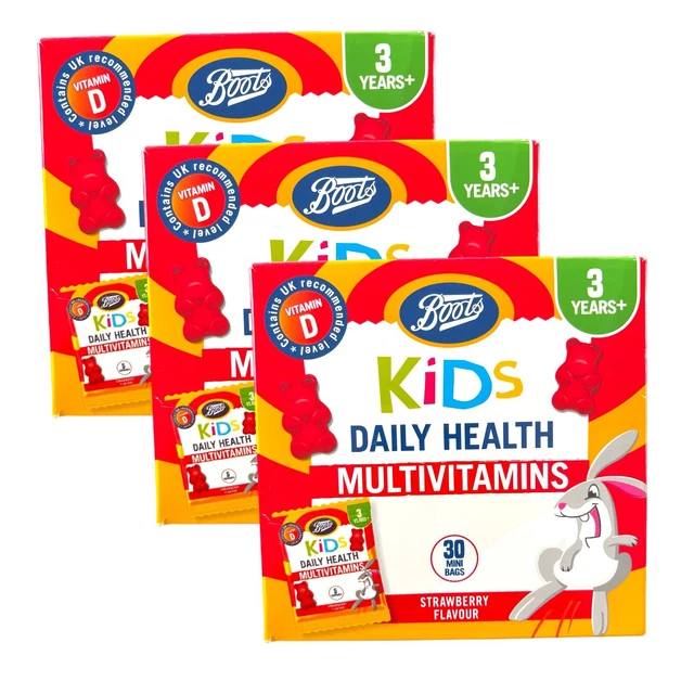 3 X BOOTS KIDS MULTIVITAMINS STRAWBERRY FLAVOUR GUMMIES 30 MINI BAGS
