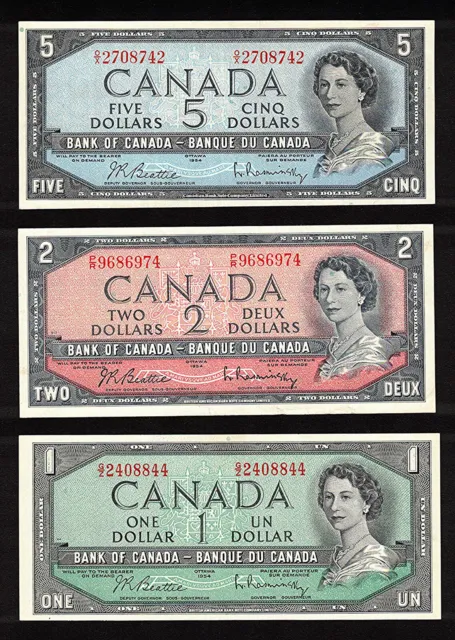 1954 $5.00 $2.00 & $1.00 HIGH Grade QEII Canada FRESH Five, Two & One Dollar SET