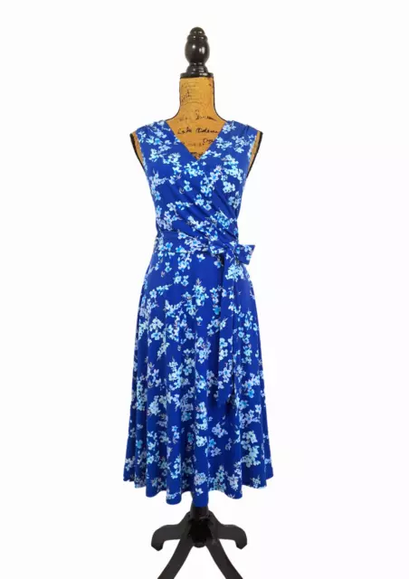 Jessica Howard Women's Dress 12 Blue Floral V-Neck Ruched Belted Sleeveless Midi