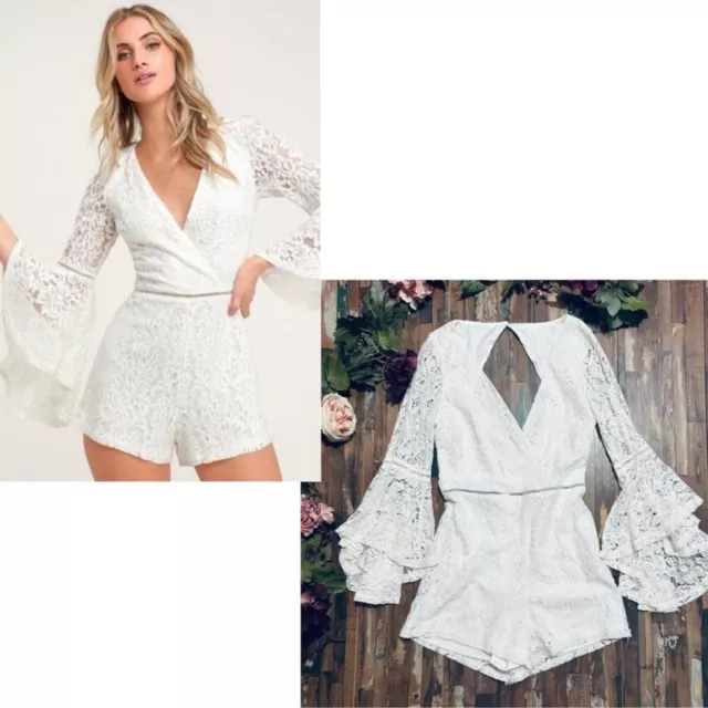 LULUS NWT White Lace Faux Wrap Bell Sleeve Romper M