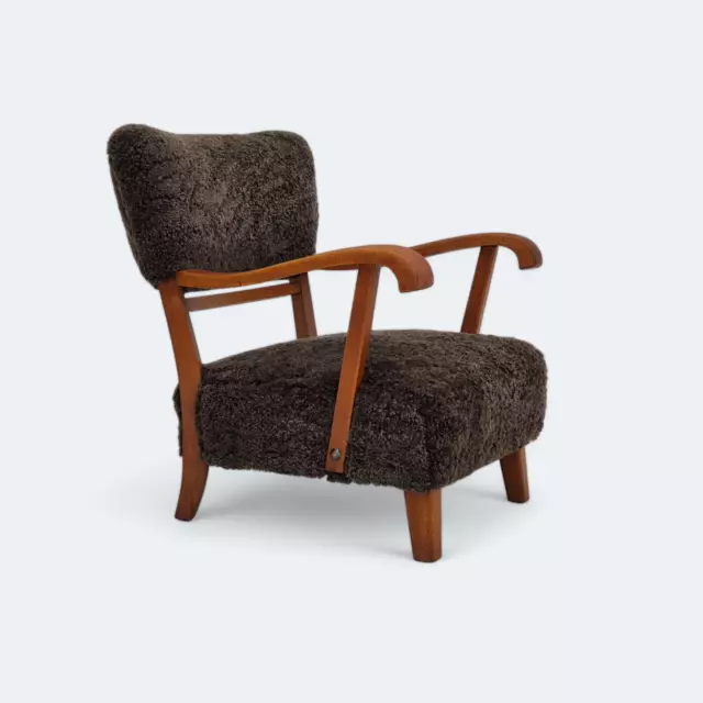 1950s, Danish design, reupholstered armchair, New Zealand sheepskin, oak wood.