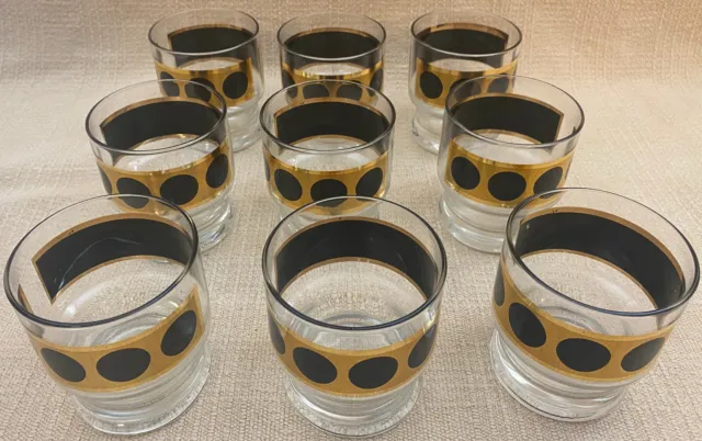 VTG MCM Federal S-550 Black Coins Double On-the-Rocks Whiskey Glasses Set of 9