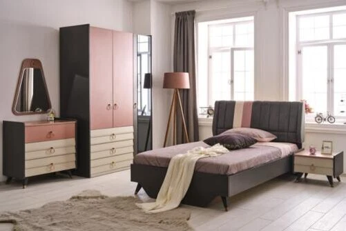 Luxe Chambre à Coucher Set Lit Table de Chevet Penderie Commode Miroir Neuf
