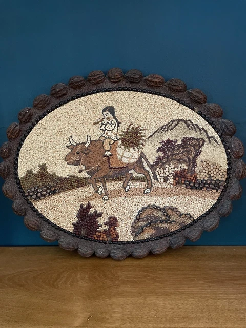 Vintage Detailed Mosaic Art Made Of Seeds From Seoul, Korea Oval 19" x 14.5"