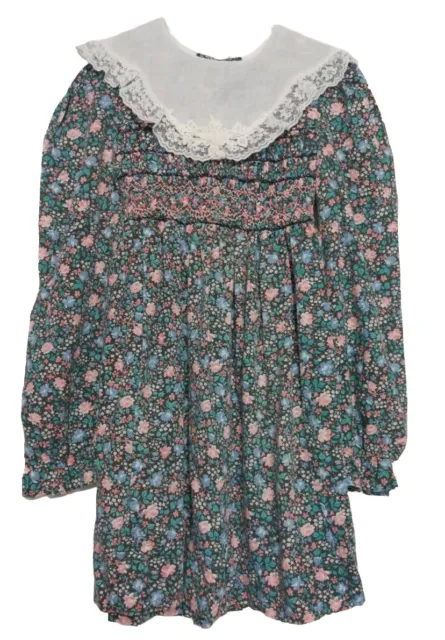 Vintage Girls Polly Flinders Dress Sz 6X Floral Cottagecore Prairie Lace Smocked