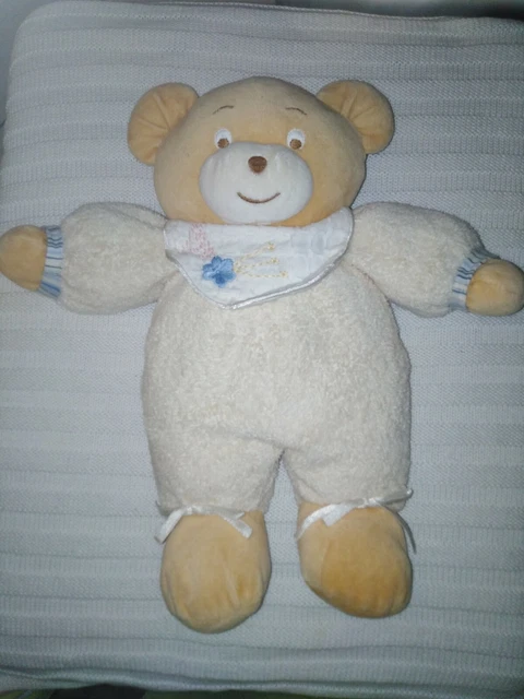 Doudou Ours Crème col broderie fleur 30 cm Ajena
