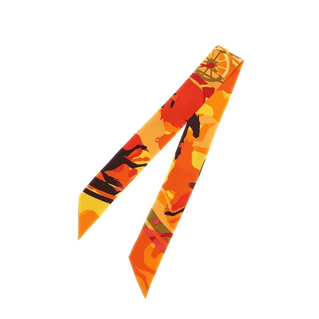 HERMES Twilly Ex Libris Camouflage Orange Scarf Silk Horse Women