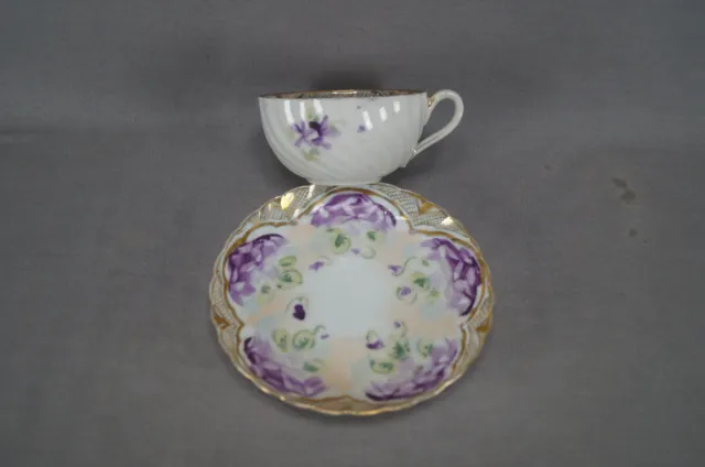 Antique Nippon Hand Painted Purple Violet Flowers & Gold Fluted Tea Cup & Saucer 2