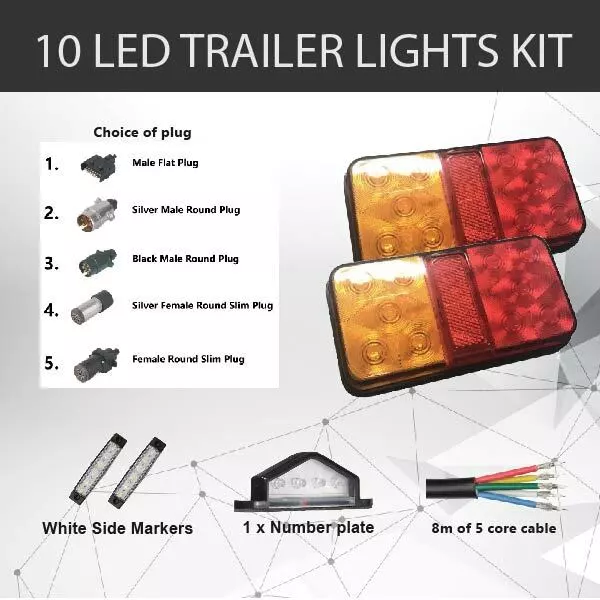 2 x 10 LED TRAILER LIGHTS KIT, Trailer Plug, CABLE, Side Marker, No. Plate Light