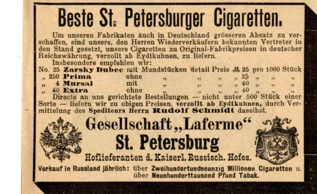 "Laferme" Beste St. Petersburger Cigaretten Historische Reklame von 1895