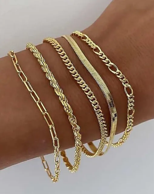 5X Bracelet Femme Or Doré Lot De Bijoux Chaîne Jaune En Acier Inoxydable