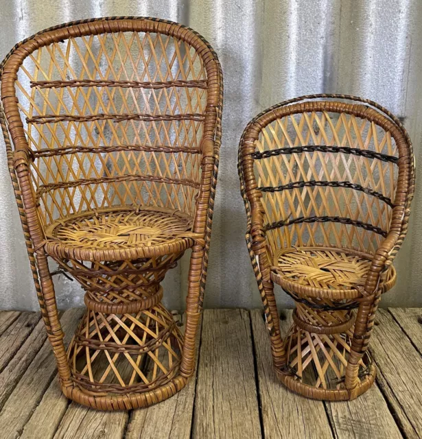 VINTAGE Retro CANE WICKER DOLL FURNITURE Peacock Chairs PLANT STANDS