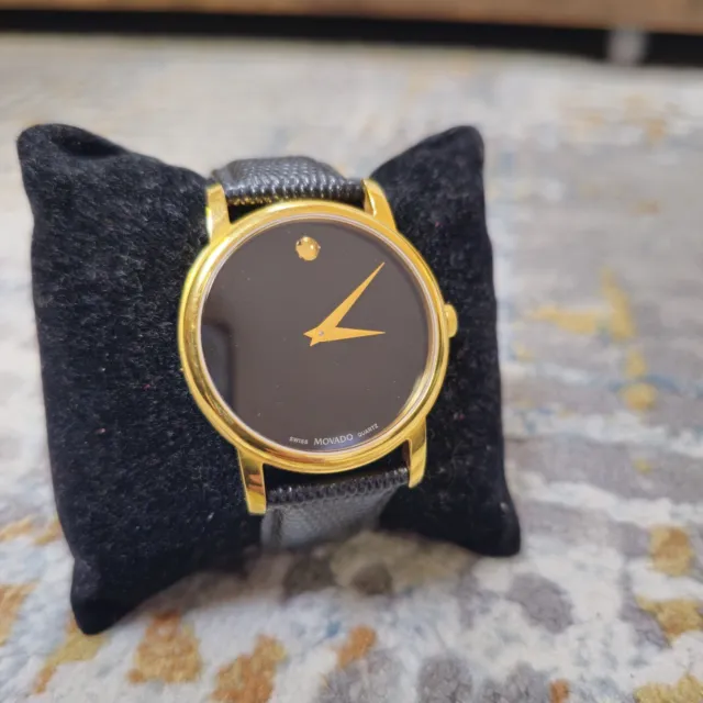 Movado Museum Quartz Wrist Watch Men Black Dial Gold Tone 2100005 Swiss  Leather