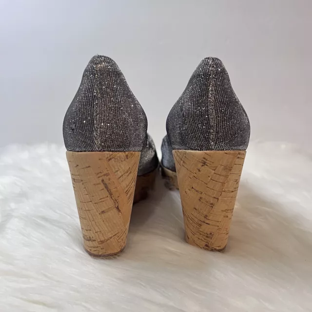 Stuart Weitzman Grey Lurex Fabric Anna Cork Wedge Platform Peep Toe Pumps Sz 9.5 3