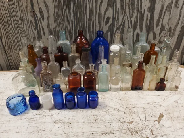 ANTIQUE MEDICAL APOTHECARY PHARMACY BROWN CLEAR Cobalt GLASS BOTTLE LOT OF 57