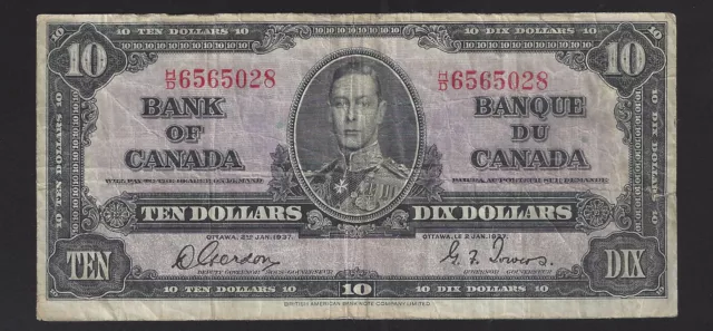 1937 $10 Bank of Canada Note Gordon-Towers Prefix H/D6565028 BC-24b (Fine)