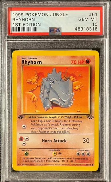 1st Edition Jungle Rhyhorn Pokemon Card None Holo PSA 10 Gem Mint