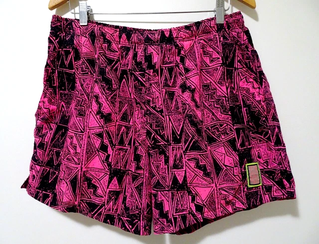 L Vtg 90s OP Ocean Pacific Neon Pink Black All Over Print Surf Skate Swimsuit L