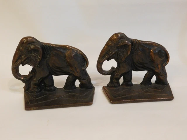 Antique Pair Cast Iron Bronze Finish Elephant Bookends