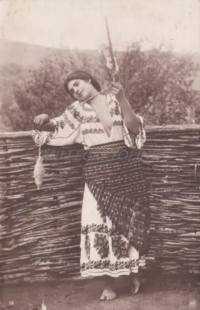 ROMANIA - Girl in Traditional Costume with a Spindle - C. Sfetea Photo Postcard