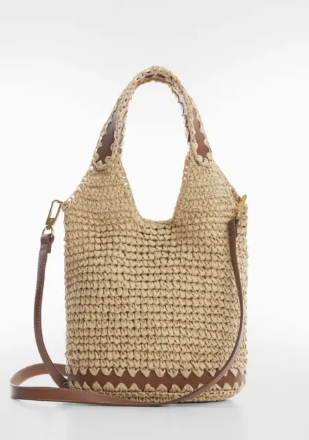 BNWOT MANGO Beige Brown NATURAL FIBRE WOVEN RATTAN STRAW & FAUX LEATHER TOTE BAG