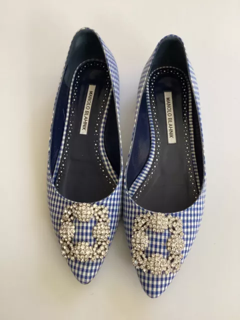 Rare HTF Manolo Blahnik Hangisi Blue Gingham Flats size 37 EUC