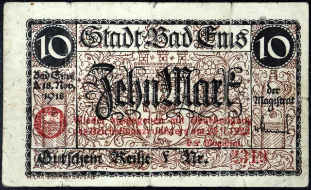 BAD EMS 1922 10 Mark Overprint on 1918 Grossnotgeld Inflation Notgeld Germany