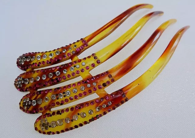 Pettine capelli vintage anni '20 finto guscio di tartaruga celluloide rosa strass donna anni '20