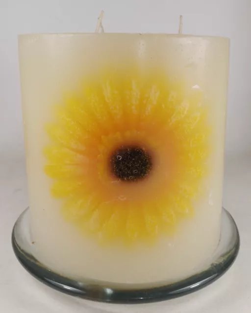 Vtg 1970s Embedded Real Sunflower Pillar Triple Wick Candle W/Footed Glass Base