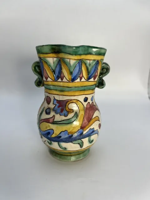 Vintage Italian Majolica Art Pottery Small Sgraffito Ruffled Urn / Vase   4.75"