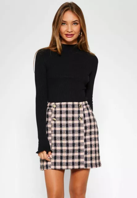 EX TOPSHOP PINK Check Boucle Metallic Wrap Skirt Size Uk 14 11.99