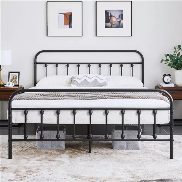 Metal Bed Frame Vintage Iron Platform Bed with High Headboard and Footboard